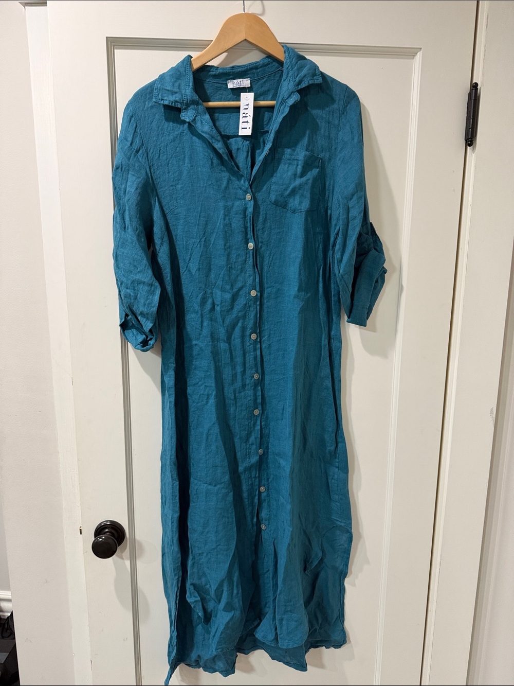 Teal Linen-Blend Button-Front Swim Coverup